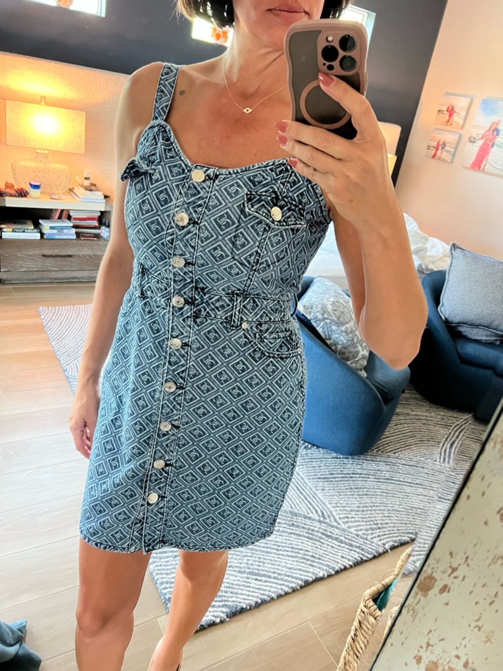 Juicy Couture Blue Patterned Button-Front Mini Dress